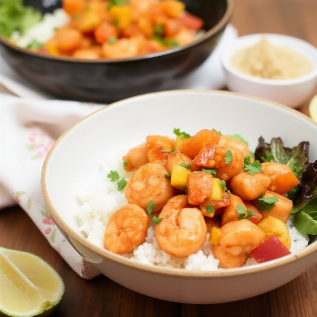 Spicy Shrimp & Peach Salsa Bowls with Coconut Rice