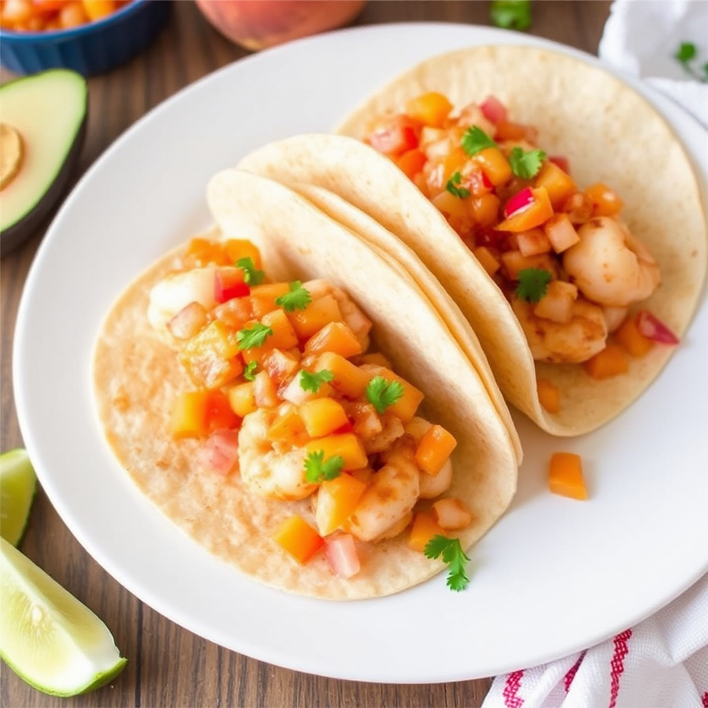 Spicy Shrimp and Peach Salsa Tacos