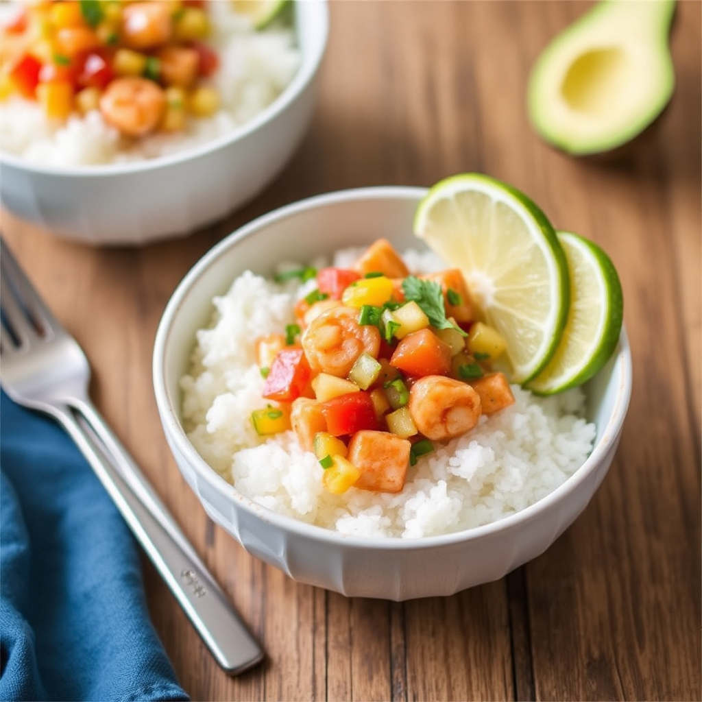 Spicy Shrimp & Pineapple Salsa Bowls with Coconut Rice