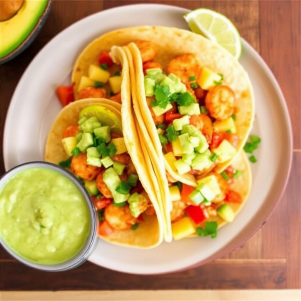 Spicy Shrimp & Pineapple Salsa Tacos with Creamy Avocado Dressing