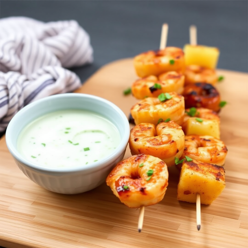 Spicy Shrimp and Pineapple Skewers with Coconut Cilantro Sauce