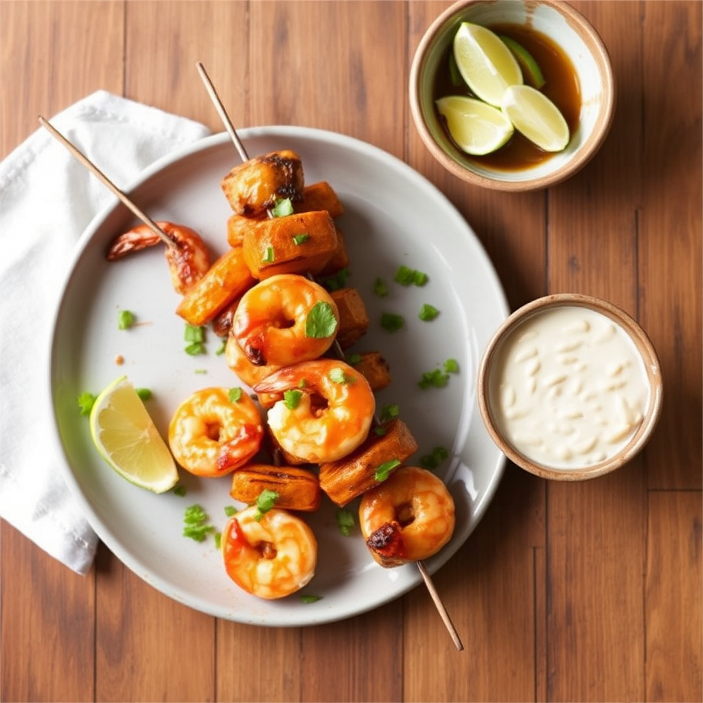 Spicy Shrimp & Sweet Potato Skewers with Coconut-Lime Glaze