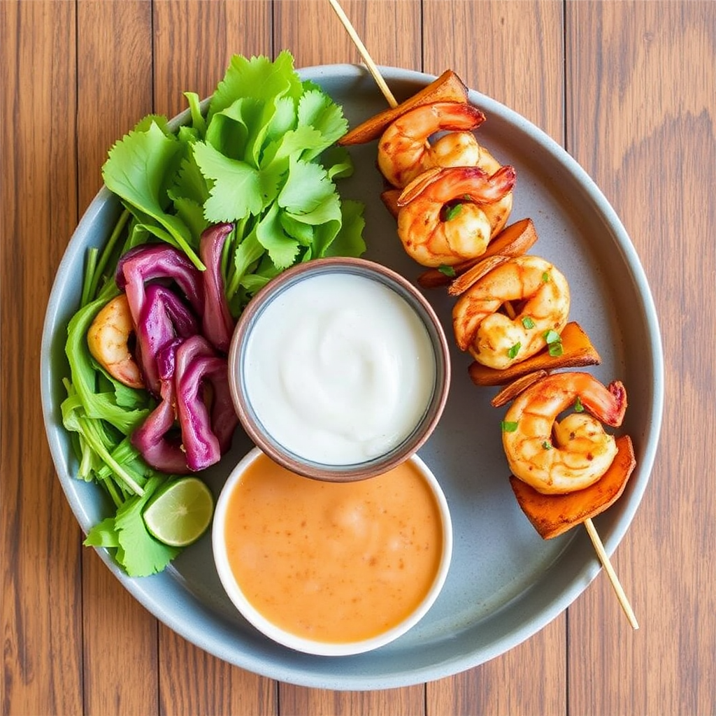 Spicy Shrimp and Sweet Potato Skewers with Coconut Lime Sauce