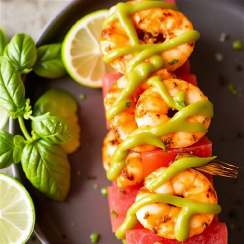 Spicy Shrimp and Watermelon Skewers with Basil-Lime Drizzle