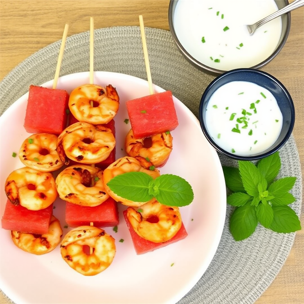 Spicy Shrimp & Watermelon Skewers with Mint Yogurt Dip