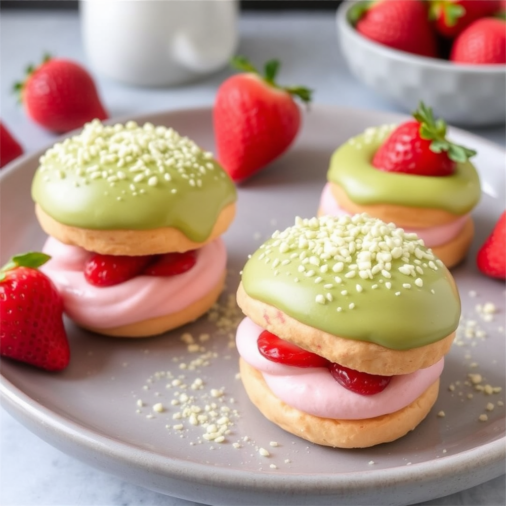 Strawberry Eclair-Style Cream Puffs with Matcha and White Chocolate