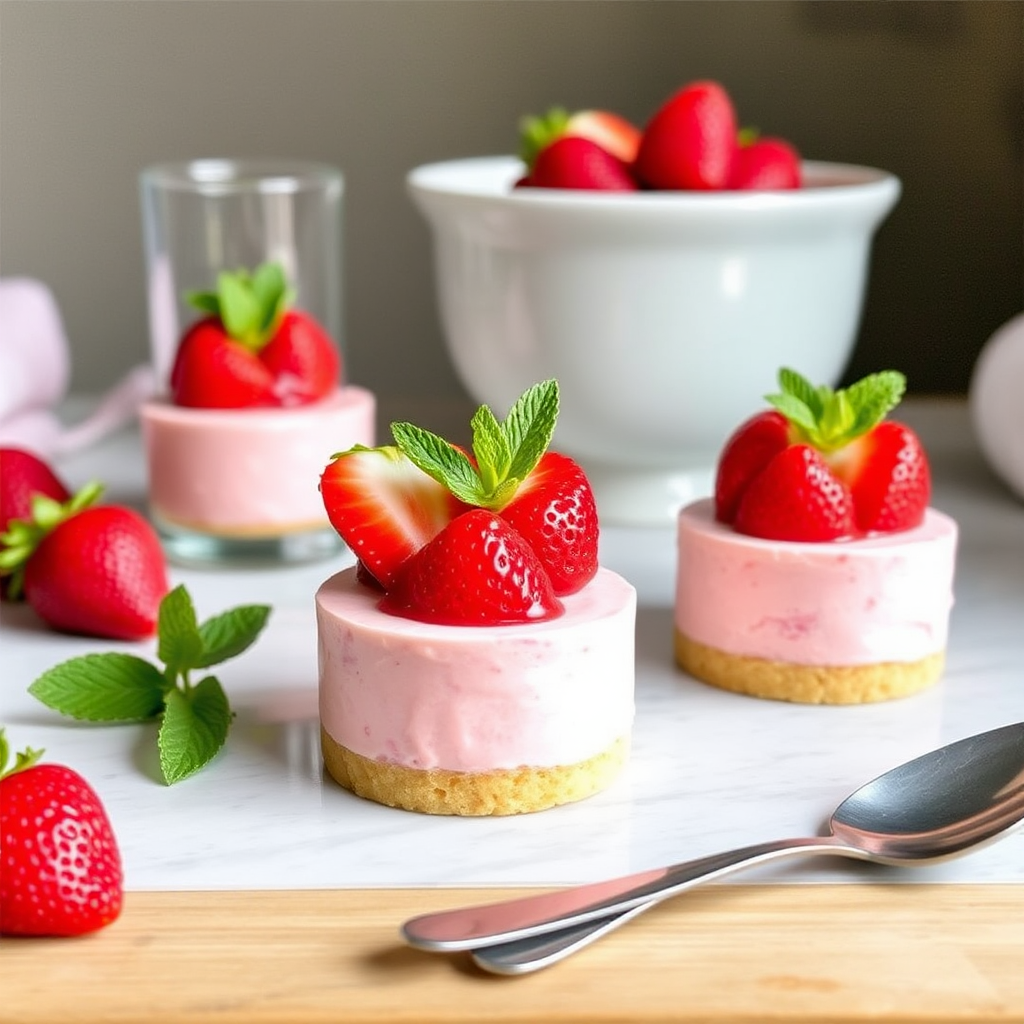 Strawberry Mousse Cakes with Shortbread Crust and Fresh Mint