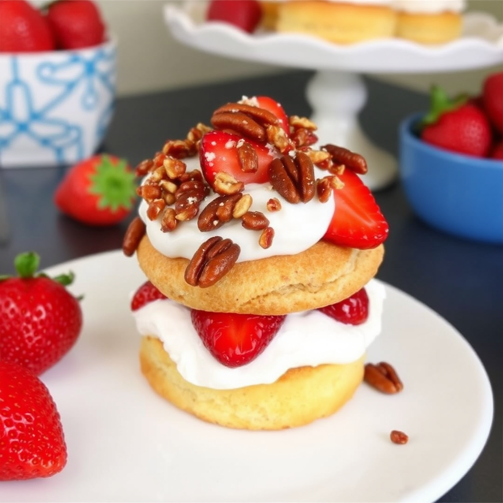 Strawberry Shortcake with Coconut Cream and Candied Pecans