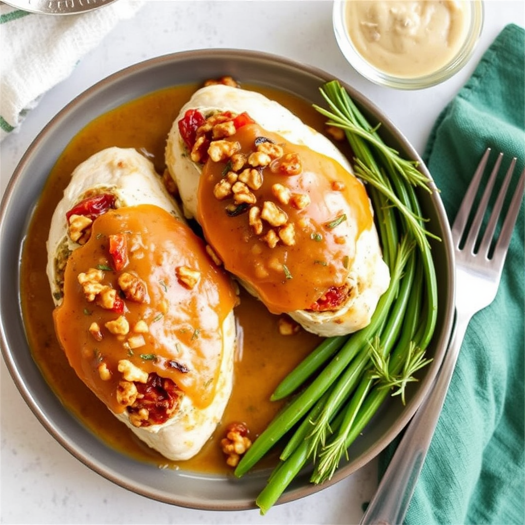 Sun-Dried Tomato and Walnut Stuffed Chicken Breasts with Rosemary Garlic Sauce