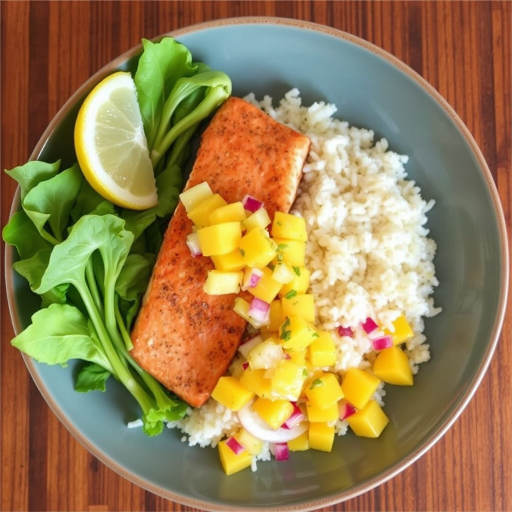 Sun-Kissed Salmon with Coconut Lime Rice &  Mango Salsa