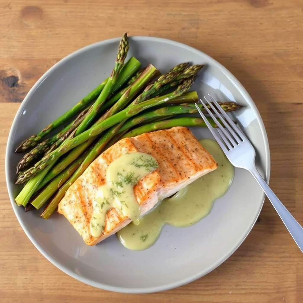 Sun-Kissed Salmon with Roasted Asparagus and Lemon-Dill Sauce