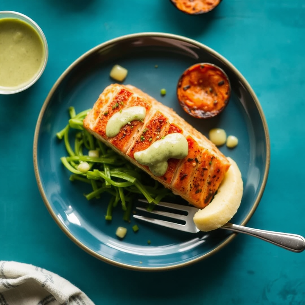 Sun-Kissed Salmon with Roasted Sweet Potato Rounds and Cilantro-Lime Dressing