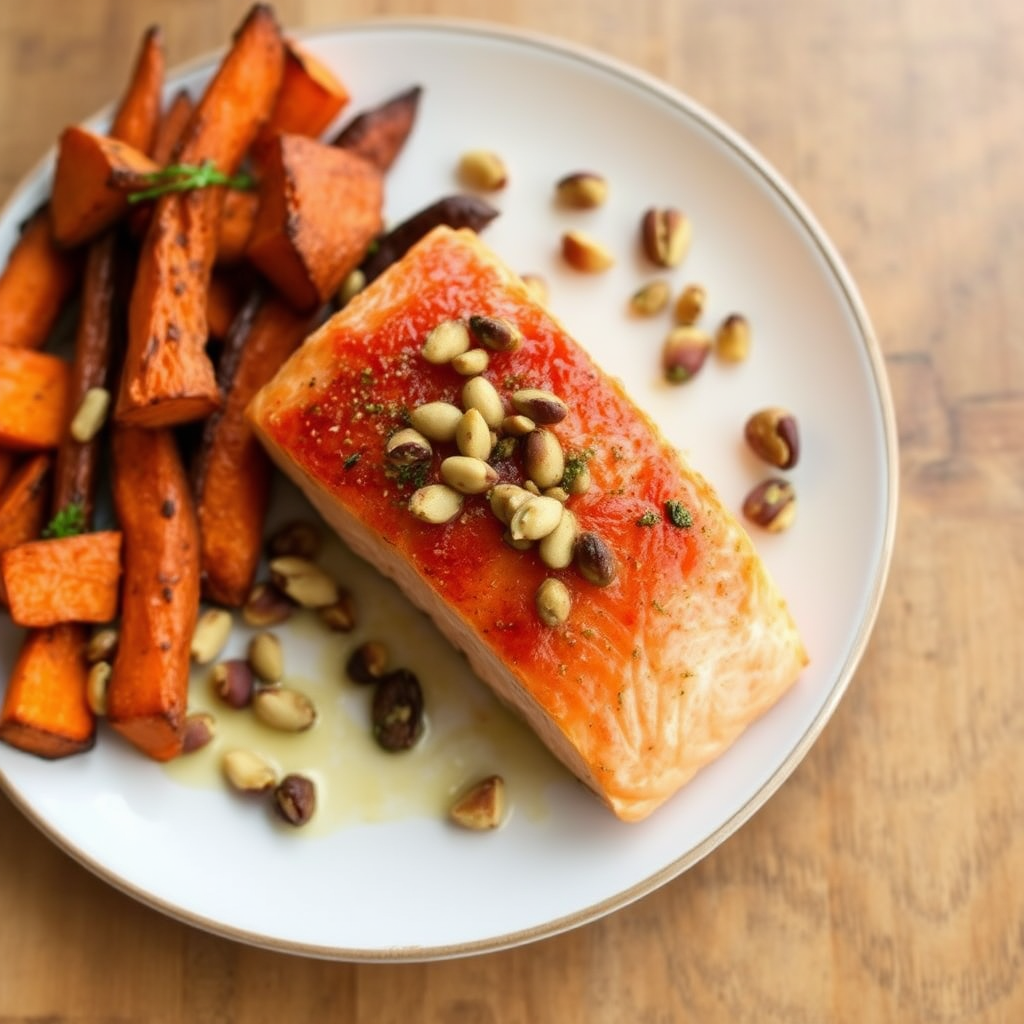 Sun-Kissed Salmon with Roasted Sweet Potatoes and Pistachios