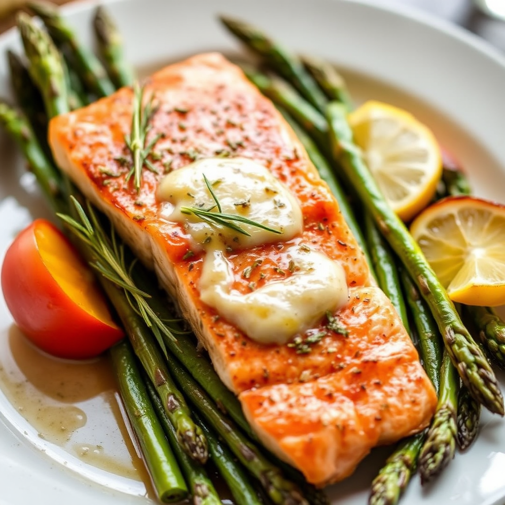 Sun-Kissed Salmon with Rosemary-Garlic Butter and Roasted Asparagus