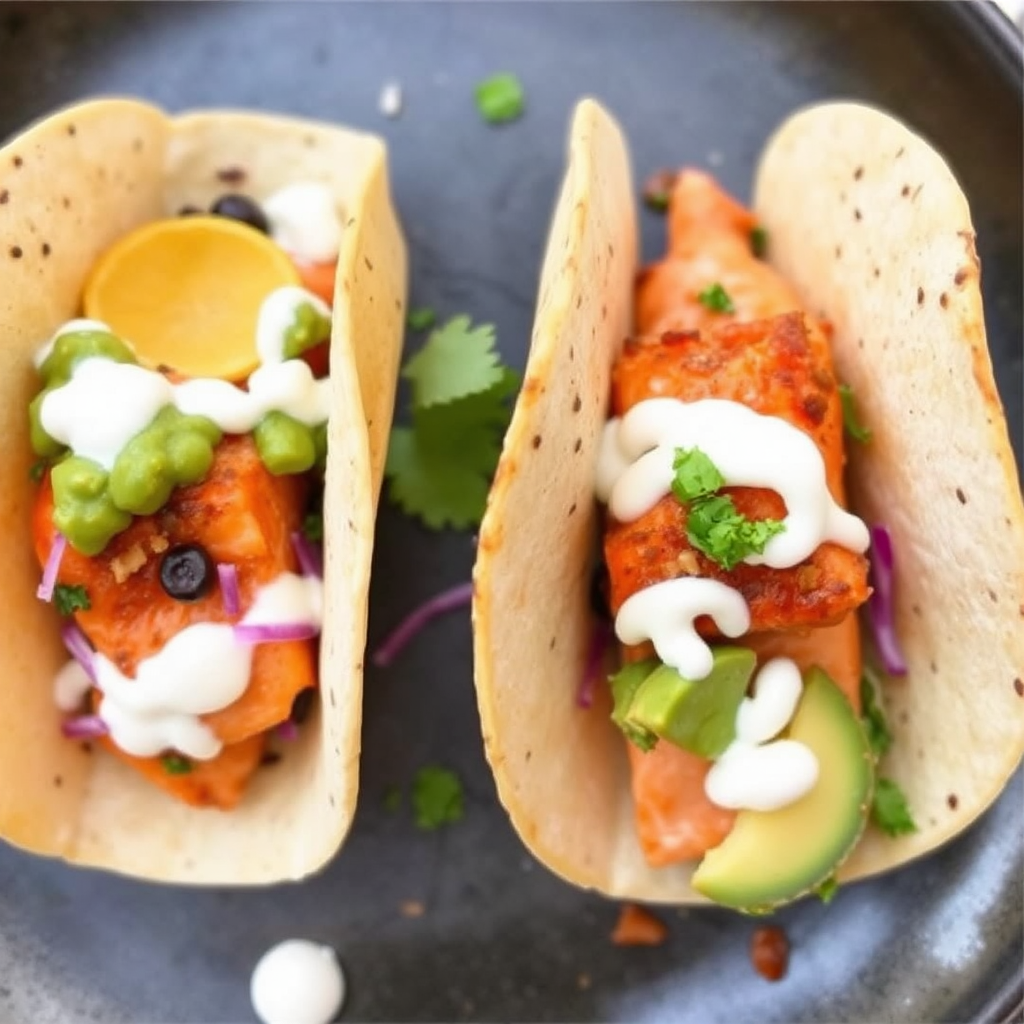 Sunset Salmon Tacos with Avocado Crema