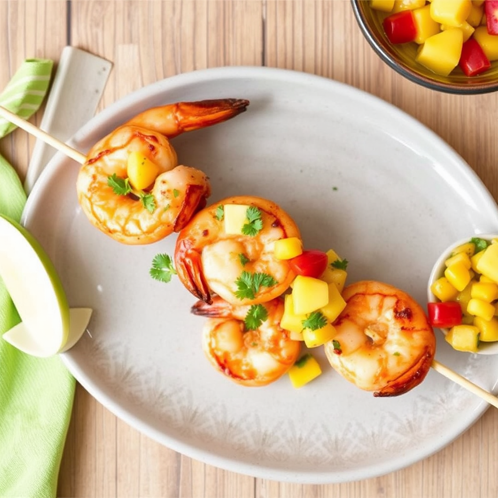 Sweet and Spicy Shrimp Skewers with Mango Salsa