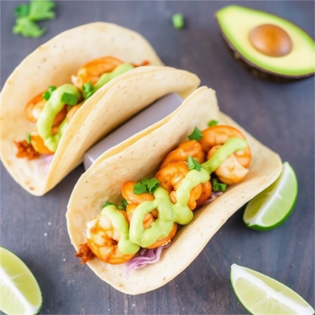 Sweet & Spicy Shrimp Tacos with Avocado-Cilantro Crema