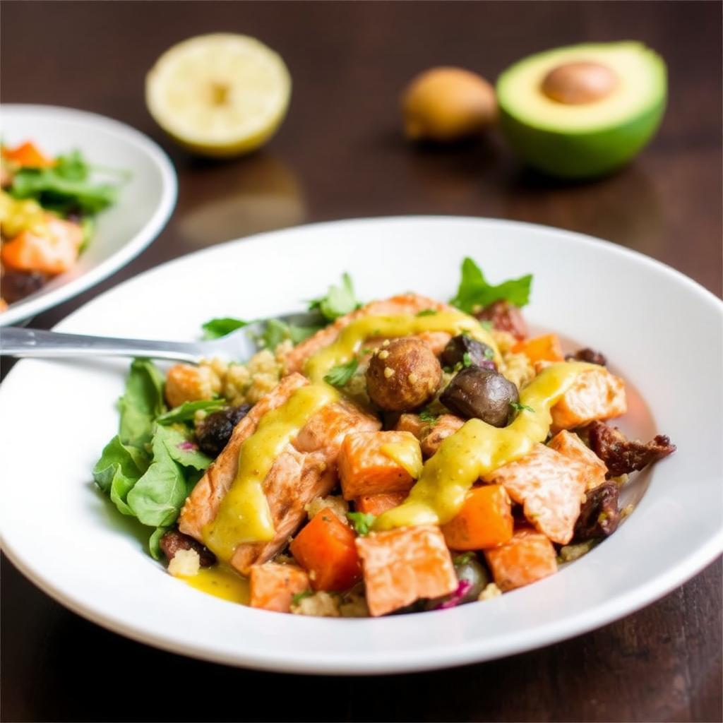 Zesty Salmon & Roasted Veggie Bowls with Pistachio-Lemon Dressing